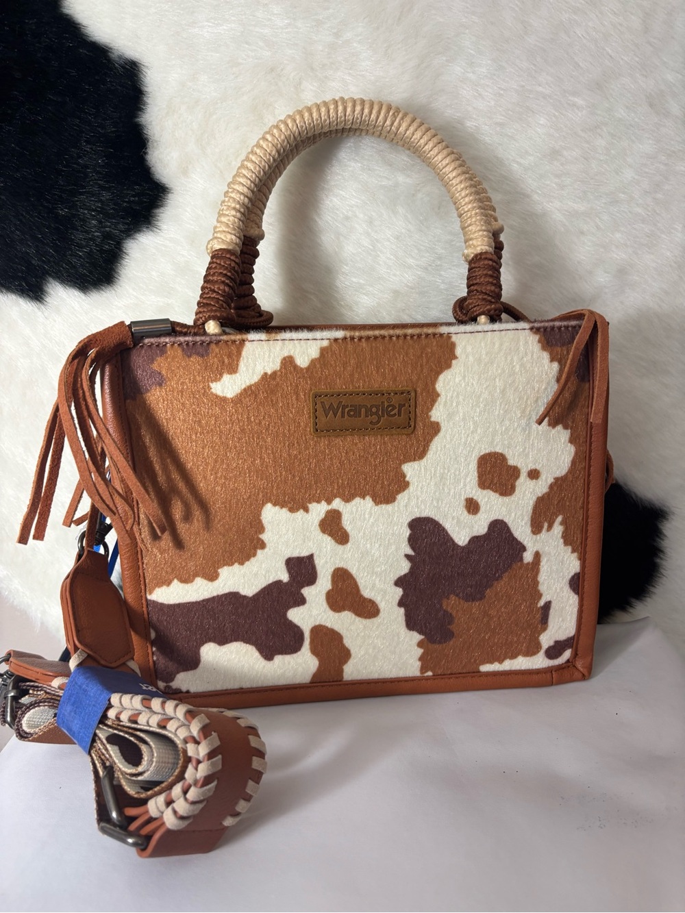 Wrangler Cowhide-Print Satchel in Brown, White & Tan